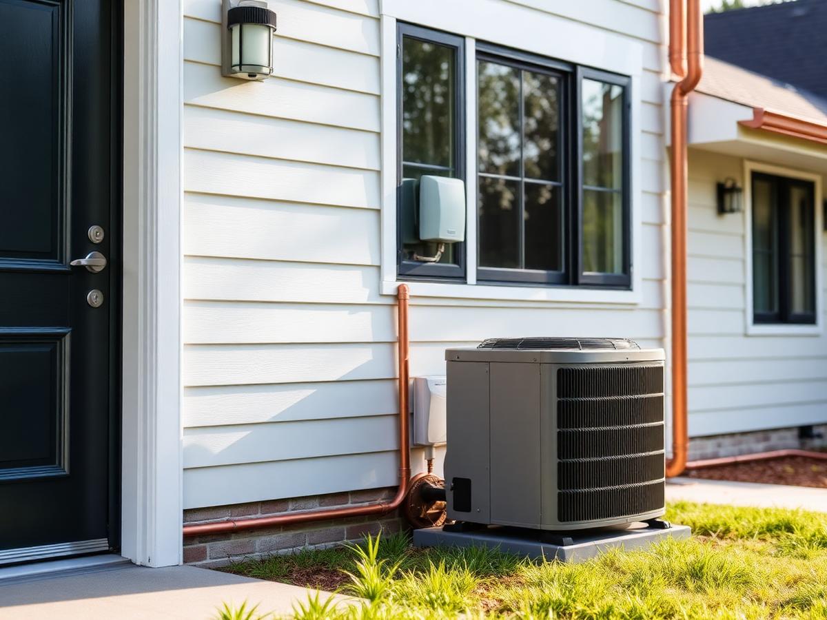 New high-efficiency HVAC condenser unit installed beside a home exterior