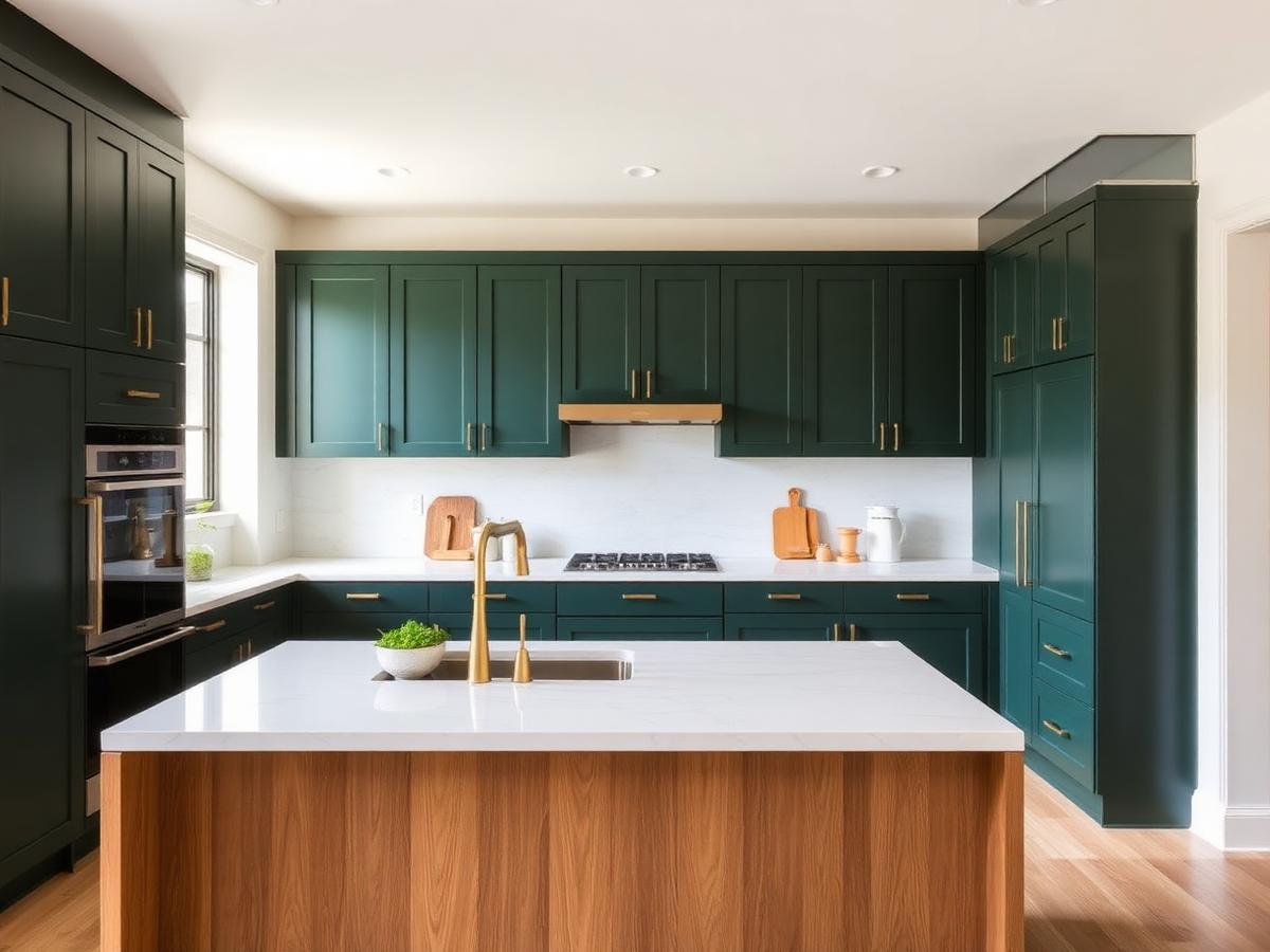 Renovated kitchen with deep green cabinetry, oak island and quartz countertop