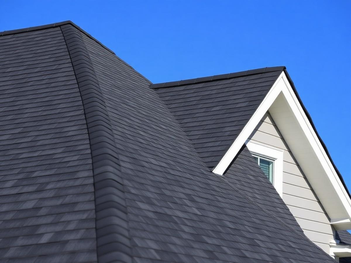 Newly installed dark charcoal shingle roof against a clear blue sky