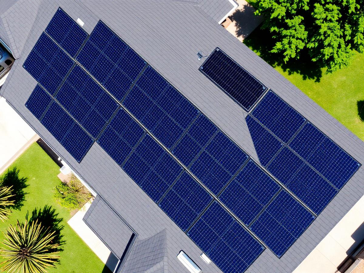 Aerial view of a symmetrical rooftop solar panel array on a residential home